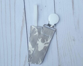 Grey White Deer Pacifier Clip- pacifier holder, woodland baby, paci clip, mam nuk gumdrop, baby shower gift, baby boy, baby girl