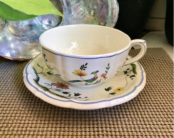 Gien France China Cup & Saucer - Oiseau De Paradis Pattern 1990's