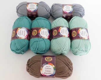 Lion Brand 24/7 Cotton Yarn - 7 Skeins in Mint, Jade, Silver, Cafe Au Lait, Destash