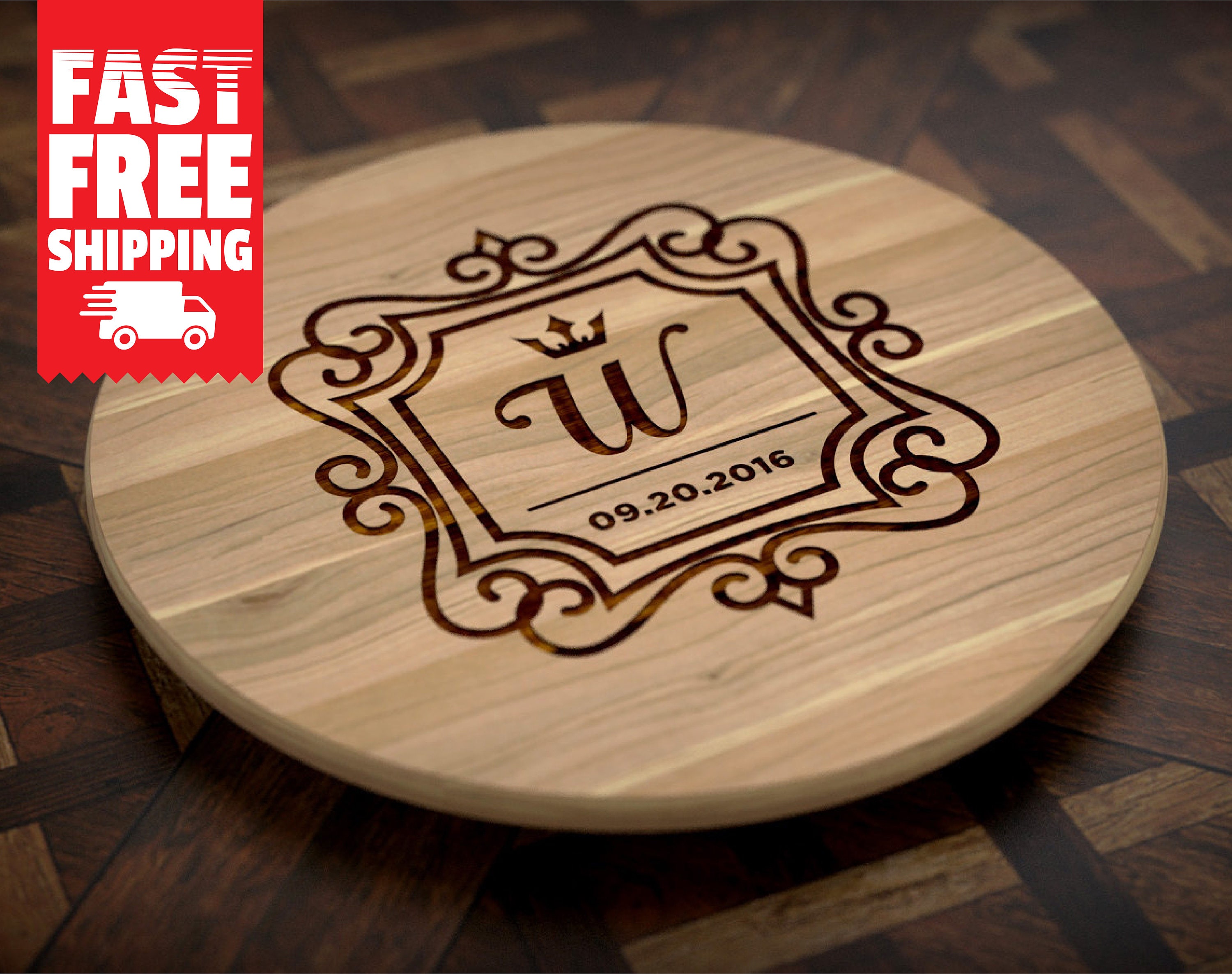 Custom Lazy Susan Engraved Personalized Wood Gift Initial