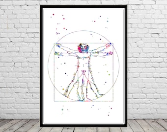Vitruvian Man, L'Uomo Vitruviano, Leonardo da Vinci, da Vinci Vitruvian Man, watercolor Vitruvian Man, Vitruvian Man print (3885b)