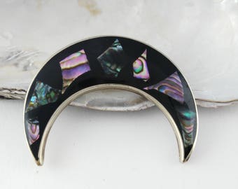 Abalone Moon Brooch - Alpaca Moon Brooch - Celestial Brooch