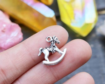 set of 50, baby rocking horse, antique silver, metal charms, bulk charms, 15mm x 15mm, baby shower charms,