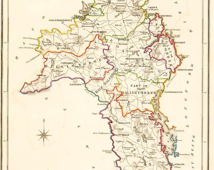 Irish Map - County Roscommon Ireland - Antique Map 1837 - Free International Shipping