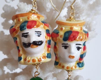 Earrings with jade green, silver and ceramic Caltagirone