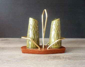 Mid Century Modern Wynware Salt and Pepper Shaker with Stand - Khaki Ceramic and Teak