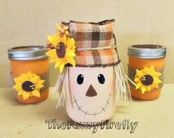 Original Design Set of 3 Fall Scarecrow Sunflower Mason Jars,Fall table Decor,Scarecrow mason Jar,Harvest Centerpiece,Sunflower Decor