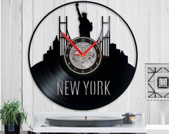 New York Clock, NYC Vinyl Clock, Vinyl Record Art, Cityscape Clock, Unique Wall Clock, Large Wall Clock, Vinyl Record Clock, Gift for Him