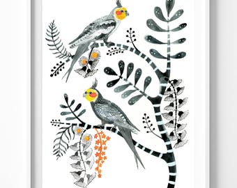 Grey Cockatiels and Gum Blossoms, Large A2 Limited Edition Giclée Print. Bird art print, Hollywood regency, botanical, Australian, couple