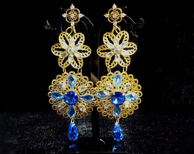Gold Royal Blue Wedding Crown Earrings Party Tiara Gold Metal Filigree Baroque Crown Headband Swarovski Byzantine Jewelry Set Bridal Luxury