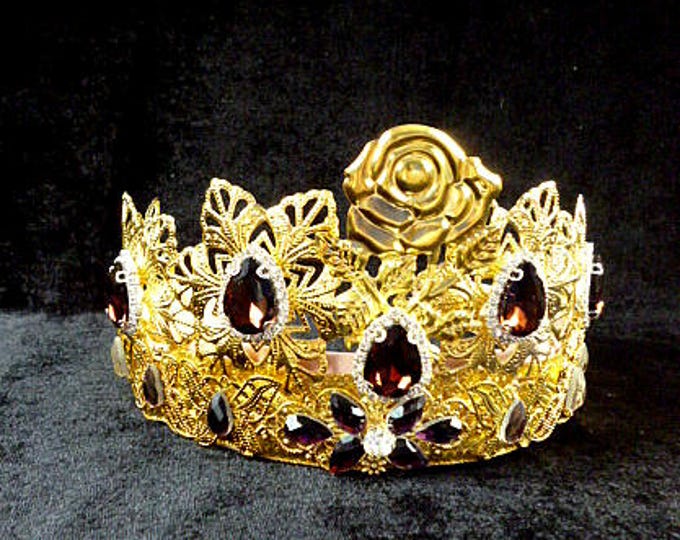 Wedding Gold Crown tiara crown Dangle earrings Burgundy crystals Head Bridal headpiece Replica diadem fairytale Dolce filigree Qeeen Jewelry