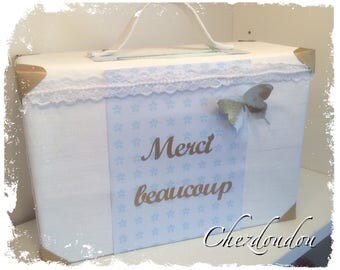 Urn baptism in the form of a small suitcase in shades of white gold and blue to order and customize