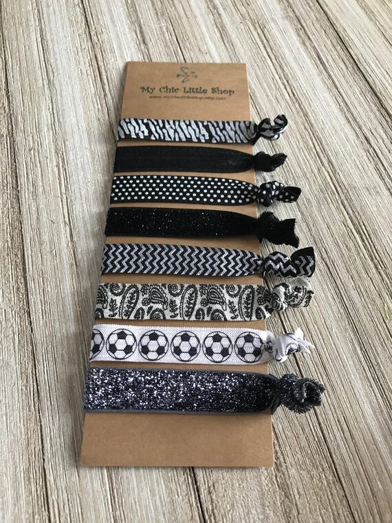 Set of 8 Elastic Hair Ties Black Gray White Color Combo