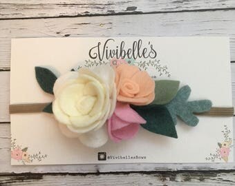 Felt Flower headband, Baby Boho headband, Woodland baby flower headband, floral crown, baby birthday crown, cream headband, flower girl