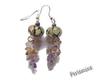 Purple ametrine and designer bead earrings. Silver plated hooks.