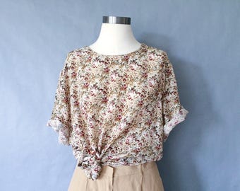 vintage silk blouse/ silk floral blouse/ short sleeve blouse/ silk shirt/silk top women's size L/XL