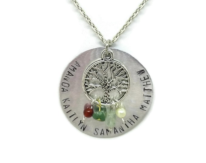 Birthstone Tree of Life Necklace, Hand Stamped Mothers Necklace, Family Tree Necklace, Personalized Tree of Life Pendant, Copper or Silver