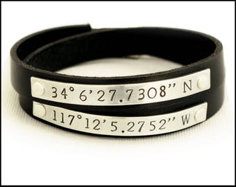 Leather Bracelet for Men, Custom Coordinates, Personalized Bracelet, Latitude Longitude Bracelet, Anniversary Gift for Him, Men's Customized