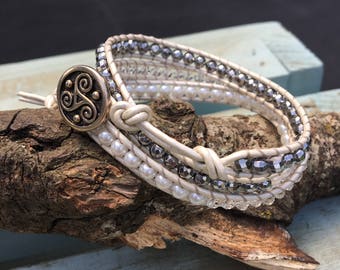 Summer time Beaded Leather wrap, Crystal, Pearl, Hematite Wrap Bracelet, Chan Luu style wrap, Leather Beaded wrap bracelet, Gift for Her