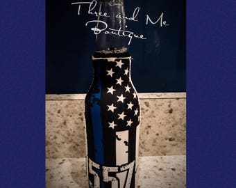 Thin Blue Line Flag Inspired Bottle Cozie with Badge Number; Bottle Insulator