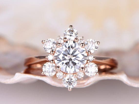 Vintage floral moissanite engagement ring,6.5mm round cut moissanite bridal ringmoissanite floral halo,14K rose gold plain band,bridal ring