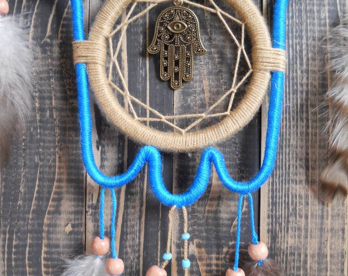 Dream catcher Hamsa blue Dreamcatcher hand of God dream catcher hamsa necklace hand of hamsa dreamcatcher jewelry hamsa decor