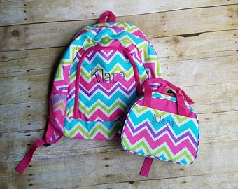 Monogrammed Multi Pink Chevron Backpack and Lunch Bag