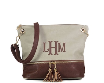 Monogrammed 2 toned zippered tassel Cross body - Grey/Coffee-Personalized purse