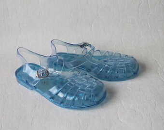 Vintage Blue Jelly Sandals Summer Rain Shoes Glittering Sandals Transparent Jelly Shoes Boho Hippie Beach Shoes Size UK 2.5 / EUR 35 / US 5