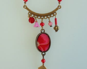 Necklace-collier mid-long-paper pansies-Japanese Red and fuchsia.