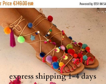 20% OFF ALEGRIA / Pom pom sandals/ Tie up Gladiator Sandals/ Boho Hippie Sandals/ Handmade Greek Women Leather Sandals/ Friendship Boho Flat