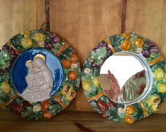 Biordi majolica plate and mirror with Madonna & child