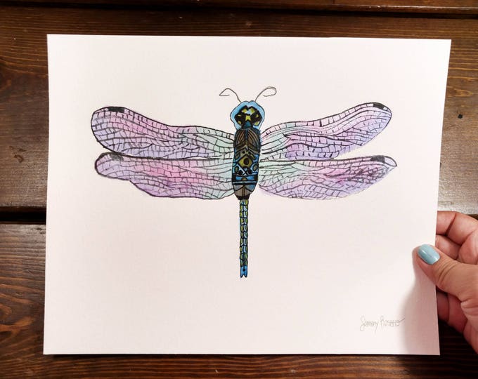 Blue Dragonfly Original Watercolor Painting, 8x10