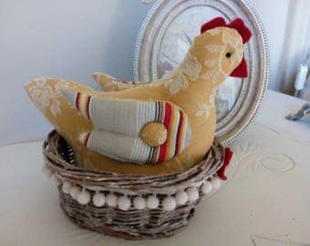 Hen in her basket vintage ticking