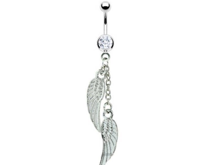 316L Surgical Steel Chain Angel Wing Dangle Belly Ring With Gem