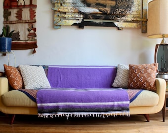 Vintage Handmade Purple Fringe Mexican Style Blanket, Boho Picnic Blanket, Native American Blanket, Throw Blanket, Tribal