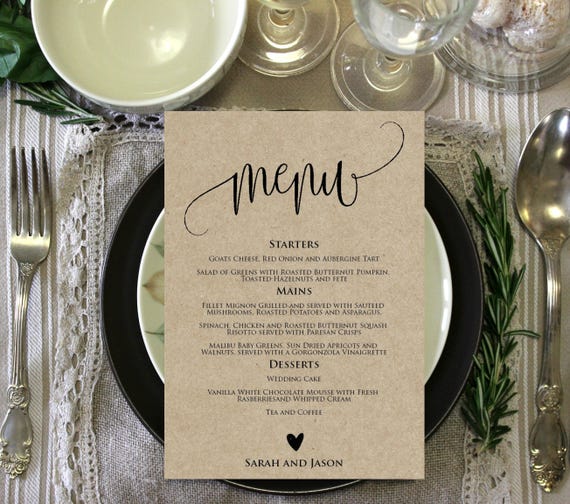 Wedding Menu Printable Rustic Menu Printable Wedding Menu