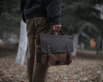 Canvas Messenger bag/ Leather Messenger Bag/ Canvas Laptop Bag/ Canvas Briefcase / Canvas Shoulder Bag/ Mens Canvas Bag/ Mens gift