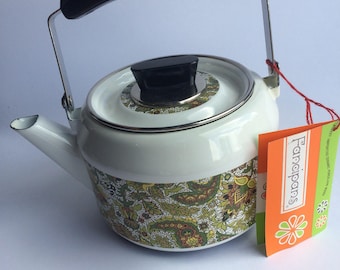 NOS Fancipans Vintage Enamelware 70s Tea Kettle Mid Century Kitchen Hippie Boho