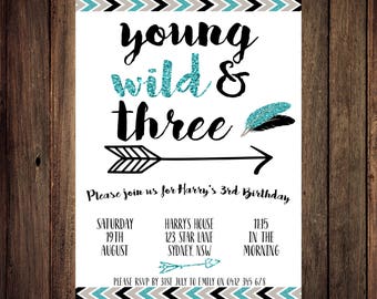 Young Wild and Three Invitations, Young Wild and Three Birthday, Young Wild and Three Party, Third Birthday Invitation, Printable Invitation
