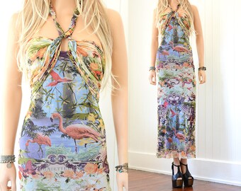 Gaultier Flamingo Dress Jean Paul Gaultier Designer Statement Maxi Dress 90s Dress 90s Clothing Vintage Convertible Summer Maxi Dress xs s