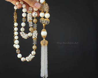 White Necklace Agate Rock Crystal Pearls Giant Clam Tridacna Necklace Cubic Zirconia paved Details White and Gold Gemstone Tassels Necklace