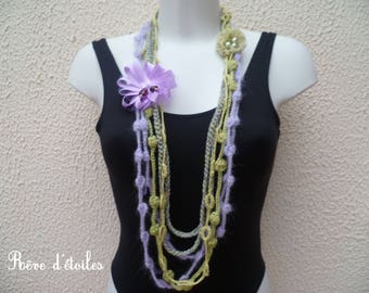 Textile necklace MULTISTRAND + flower brooch