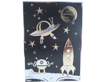 Birthday card, Black and Gold, space theme, rocket and UFO, outta space, handmade card