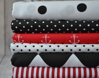 100 % Cotton Fabric Bundle,Bundle of 6 Fabrics,Black Red White Color Fabric, Patchwork Fabric,Half Yard