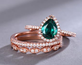 emerald wedding ring set 6x8mm pear cut emerald engagement ring half eternity art deco wedding band - Emerald Wedding Ring emerald wedding ring set 6x8mm pear cut emerald engagement ring half eternity art deco wedding band - Emerald Wedding Ring