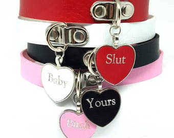 BDSM DDLG Custom Personalized Heart Bondage Day Collar or Pet Play Choker Made on Faux Vegan Leather Slave Owned Pet Brat Whore Sissy Kitten