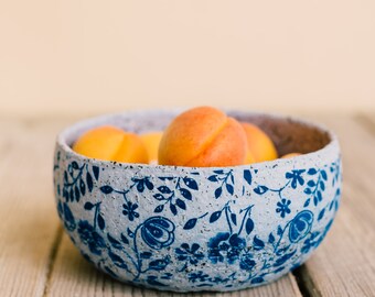 Pottery blue print bowl, Ceramic blue bowl, Pottery handmade soup bowl, Ceramic serving dish, Unique rustic bowl, Christmas gift