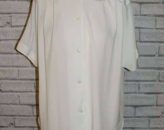 Size 12 vintage 90s short sleeve chic oversize blouse plain silky white (IC36)