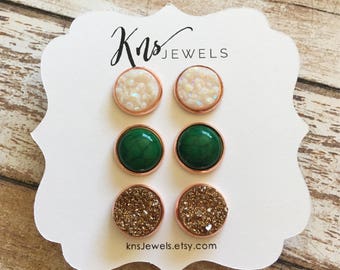 Druzy Earrings, Earring Trio, 12mm Studs, Earrings, Summer Earrings, Studs